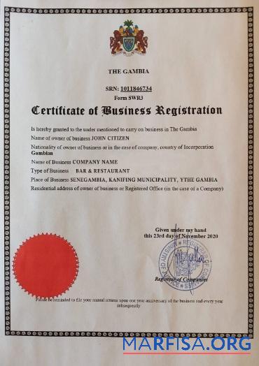 Blank Gambia Certificate of Business Registration sample
